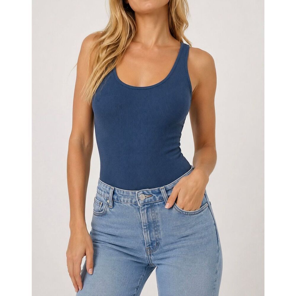 Victoria’s Secret Ribbed Bodysuit XXL Blue Sleeveless Scoop Neck Y2K